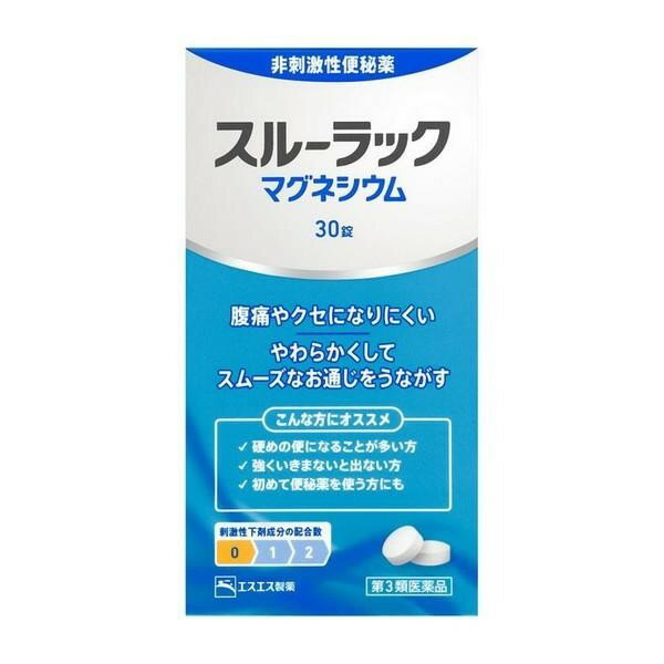 ※商品リニューアル等によりパッケージデザイン及び容量は予告なく変更されることがあります ■ 硬めの便を柔らかくして、スムーズなお通じを促す 腹痛やクセになりにくい非刺激性便秘薬 ■ こんな方におすすめ/こんな時におすすめ 腹痛やクセになりにくい便秘薬をお求めの方 硬めの便になることが多い方 強くいきまないと出ない方 初めて便秘薬を使う方にも 効能・効果 便秘 便秘に伴う次の症状の緩和：腹部膨満、肌あれ、吹出物、腸内異常醗酵、食欲不振（食欲減退）、痔、頭重、のぼせ 成分・分量 6錠中 成分 分量 はたらき 酸化マグネシウム 2000mg 腸に水分を集めて便をやわらかくすることで、スムーズなお通じを促します 添加物：セルロース、カルメロースCa、ステアリン酸Ca、l-メントール 用法・用量 次の1回量を1日1回、就寝前（又は空腹時）に水又はぬるま湯で服用してください。 ただし、初回は最小量を用い、便通の具合や状態をみながら少しずつ増量又は減量してください。 空腹時の目安：食後なるべく2時間以上 年齢 1回量 成人（15才以上） 3&#12316;6錠 11才&#12316;14才 2&#12316;4錠 7才&#12316;10才 2&#12316;3錠 5才&#12316;6才 1&#12316;2錠 5才未満 ×服用しないこと 容量 30錠 ご注意 使用上の注意 してはいけないこと （守らないと現在の症状が悪化したり、副作用が起こりやすくなります。） 本剤を服用している間は、次の医薬品を服用しないでください 他の瀉下薬（下剤） 相談すること 次の人は服用前に医師、薬剤師又は登録販売者に相談してください 医師の治療を受けている人。 妊婦又は妊娠していると思われる人。 高齢者。 次の症状のある人。 はげしい腹痛、吐き気・嘔吐 次の診断を受けた人。 腎臓病 服用後、次の症状があらわれた場合は副作用の可能性があるので、直ちに服用を中止し、この説明書を持って医師、薬剤師又は登録販売者に相談してください 消化器 はげしい腹痛、吐き気・嘔吐 精神神経系 強い眠気、意識がうすれる 循環器 立ちくらみ、脈が遅くなる 呼吸器 息苦しい その他 筋力の低下、口のかわき 服用後、次の症状があらわれることがあるので、このような症状の持続又は増強が見られた場合には、服用を中止し、この説明書を持って医師、薬剤師又は登録販売者に相談してください 下痢 1週間位服用しても症状がよくならない場合は服用を中止し、この説明書を持って医師、薬剤師又は登録販売者に相談してください 用法・用量に関連する注意 用法・用量を厳守してください。 小児に服用させる場合には、保護者の指導監督のもとに服用させてください。 本剤を口に含み、コップ1杯（約180mL）の水又はぬるま湯で服用してください。 錠剤の入っているPTPシートの凸部を指先で強く押して裏面のアルミ箔を破り、取り出してお飲みください。 （誤ってそのまま飲み込んだりすると食道粘膜に突き刺さるなど思わぬ事故につながります。） 成分に関連する注意 生薬（薬用の草根木皮など）を用いた製品ですから、製品により錠剤の色調や味が多少異なることがありますが、効果には変わりありません。 まれに錠剤に黒い点が見られることがありますが、これはケツメイシによるものであり、品質には問題ありません。 保管及び取扱い上の注意 直射日光の当たらない湿気の少ない涼しい所に保管してください。 小児の手の届かない所に保管してください。 他の容器に入れ替えないでください。（誤用の原因になったり品質が変わることがあります。） 使用期限をすぎたものは服用しないでください。 製造販売元 エスエス製薬株式会社 東京都新宿区西新宿3丁目20−番2号東京オペラシティタワー 0120-028-193 製造国 日本 使用期限 使用期限が180日以上あるものをお送りします 商品区分 第3類医薬品 広告文責 株式会社ヤマト薬品店（070-1821-1361）