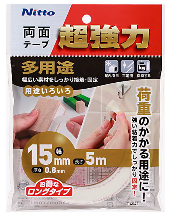《品番》T4542 《成分》基材：アクリルフォーム　粘着剤：アクリル系 《サイズ》幅15mm×長さ5m×厚み0.8mm 《用途》 ●金属（ステンレス・アルミ・鉄など）・タイル・木材・プラスチック・塩化ビニル・ガラス・紙・ポリプロピレン・ポリエチレン（荷重用途不可）など幅広い素材の固定や補修に。 《特長》 ●テープ色：白 ●柔軟性・耐久性・耐熱性・に優れたアクリルフォーム基材に、強靭な粘着剤を使用。 ●素材の変形や伸縮にテープが追従し、安定した接着性を発揮 ●JIS規格《Z1541》超強力両面粘着テープ1種1号（構造用接合部）に準拠しています。 《使用について》 ●平滑面で使用できます。 ●屋内・屋外に使用できます。 ●接着後の使用温度：-20℃〜180℃ 《荷重目安》※保証値ではなく目安。15mm×20mm室温20℃の場合 ●ステンレス1300g・ABS800g・木730g・アクリル800g・塩化ビニル600g 《接着できない素材と場所》 ●軟質ゴム、フッ素やリリコーン等で処理された面、凹凸面やザラザラ面、壁紙・砂壁・繊維壁など素材の弱い面、はがれやすい塗装面、常に高温・高湿になる場所、常に浸水する場所、水分がしみこみやすい面、球体