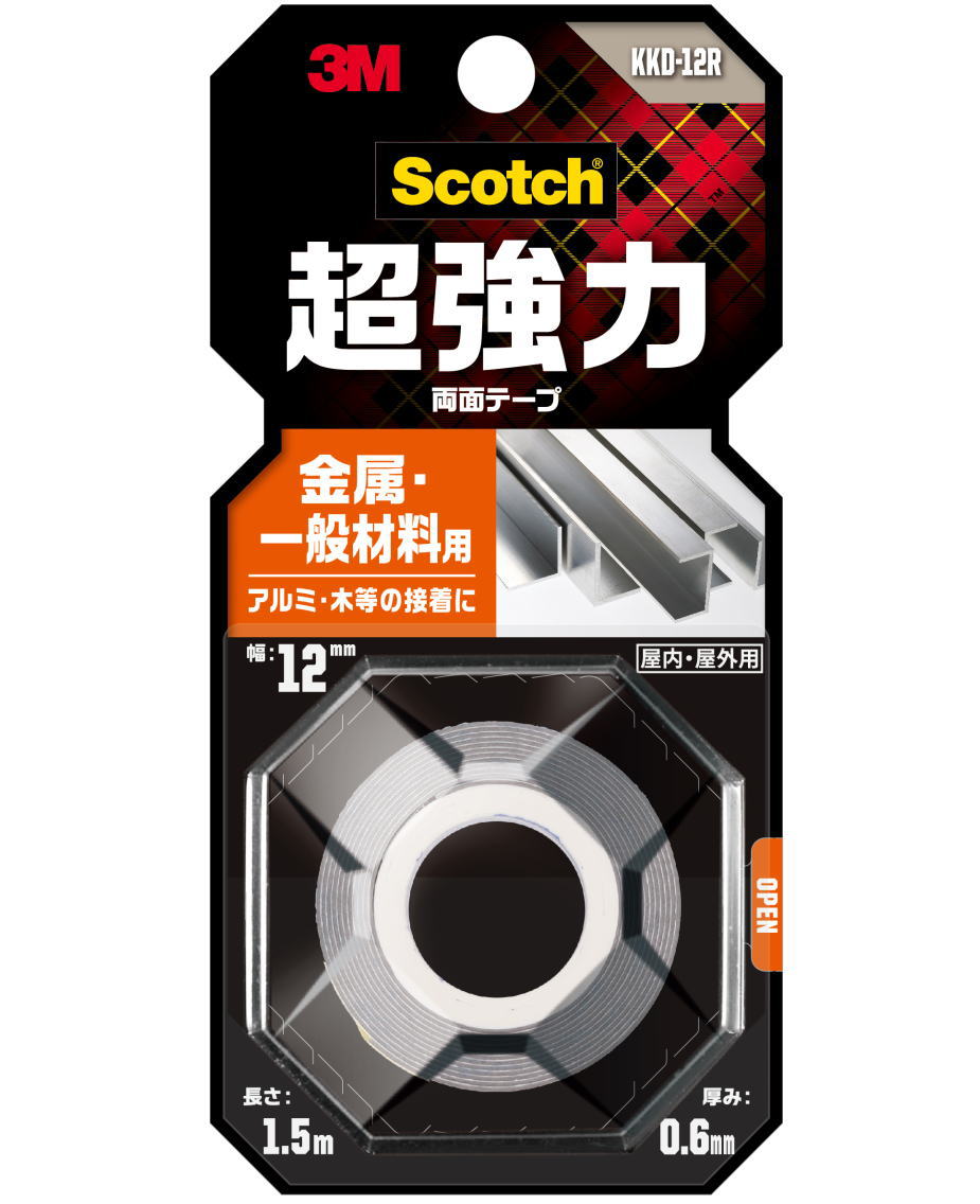 《品番》KKD-12R 《サイズ》幅12mm×長さ1.5m×厚み0.6mm 《特長》 ●素材の変形や縮みにもよくなじみ、振動する場所でも高い接着力を発揮します。 ●アルミ、ステンレスなどの金属の接着にお勧めです。 ●耐候性、耐熱性に優れたアクリルフォームテープです。 ●JIS規格＜Z1541＞1種レベル（構造用接合部）を有しています。 ●テープ色：グレー ●屋内/屋外用 《接着できる素材》 金属（鉄・アルミ・ステンレス）、プラスチック（軟質塩ビ、PP、PEを除く）、ガラス、内装タイル、木 《接着出来ない素材と場所》 軟質塩化ビニール、ポリエチレン、ポリプロピレン、シリコーン・フッ素樹脂加工面、軟質ゴム、塗装がはがれやすい面、凸凹面（壁紙、ベニヤ板、コンクリート・ブロックなど）、ザラザラした面（砂壁、すりガラスなど）、浴室など湿気の多い場所、常に浸水している場所 《荷重目安》 ステンレスどうし：9.1N（930g）アルミどうし：7.8N（800g）　※テープ長さ2cmでの目安値。保証値ではありません。 《接着後の使用温度》 -20℃〜150℃
