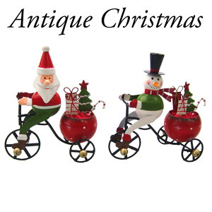 【J4】アンティーククリスマスメタルバイスクルサンタ＆スノーマン クリスマス おしゃれ かわいい 北欧 ブリキ レトロ 卓上 テーブル 装飾 デコレーション 置物 小物 雑貨 サンタクロース 雪だるま 自転車 インテリア ディスプレイ アンティーク 運転 可愛い