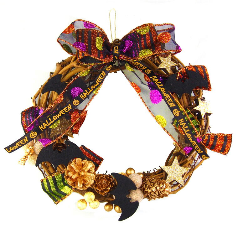 ハロウィンリース20cmキラキララメリボン ハロウィーン ナチュラル 松かさ コウモリ 装飾 飾り 飾り付け 壁 壁面 コスプレ パーティー ハロウィン リース 天然素材 部屋 玄関 おしゃれ かわいい 国内生産 ラメのサムネイル