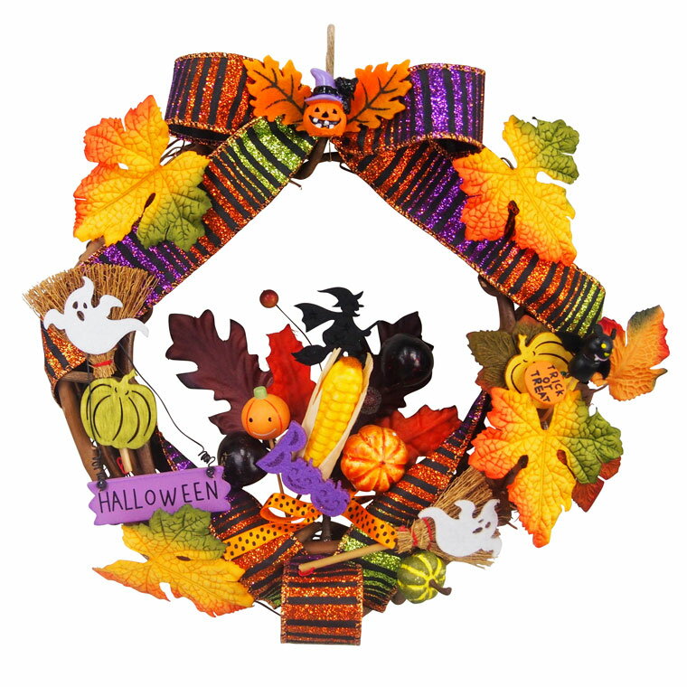 ハロウィンリース25cm カラフルハロウィン ハロウィーン ナチュラル かぼちゃ パンプキン 魔女 ウィッチ おばけ ゴースト コウモリ 飾り付け 壁 壁面 コスプレ パーティー ハロウィン リース 部屋 玄関 おしゃれ かわいい 装飾 飾り 国内生産のサムネイル