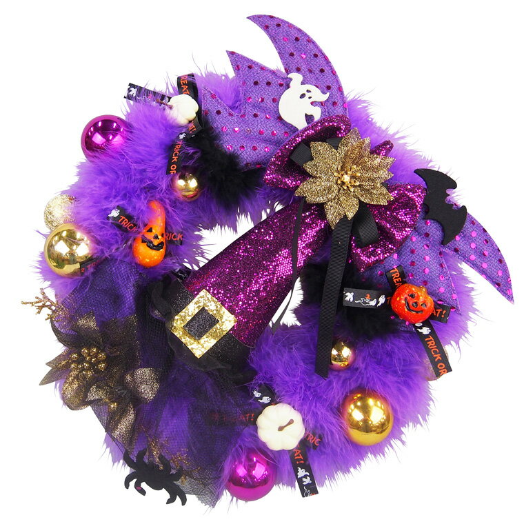 ハロウィンリース25cm パープルフェザーリース ハロウィーン パンプキン ナチュラル 羽毛 羽リース 魔女 ウィッチ 帽子 飾り付け 壁面 コスプレ パーティー ハロウィン 10月 ローズ バラ 天然素材 リース 部屋 玄関 おしゃれ かわいい 装飾 飾り 国内生産のサムネイル