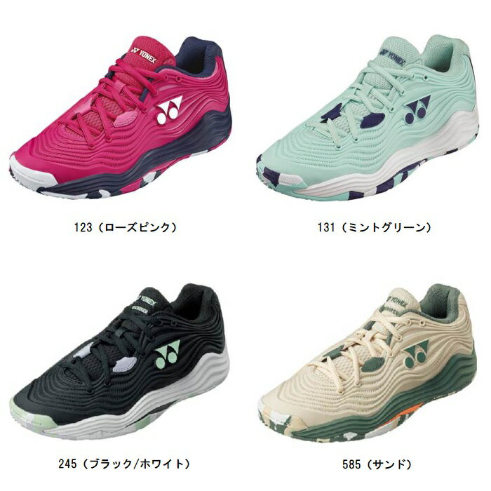 ■ブランド：ヨネックス YONEX ■カテゴリー：テニス・バドミントン ■種目：レディーステニスシューズ（クレー・砂入り人工芝コート用） ■商品名：パワークッションフュージョンレブ5ウィメンGC ■商品コード：SHTF5LGC ■カラー ・123（ローズピンク） ・131（ミントグリーン） ・245（ブラック/ホワイト） ・585（サンド） ■サイズ：23.0〜25.0cm ■素材：アッパー／合成繊維＋合成樹脂、ミッドソール／合成樹脂、アウトソール／ゴム底 ■原産国：ベトナム製 （特徴） ・ローカット ・WOMEN ※本商品は日本ソフトテニス連盟の使用基準に準拠しておりますが、中学生の各連盟主催大会ではまだカラーシューズの使用許可は認められてない場合もございますので各都道府県連盟にご確認ください。・フィット性を高める新フュージョンウィングが電光石火のフットワークを授ける。