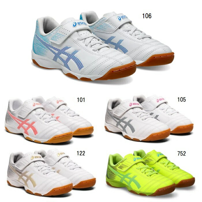 ■ブランド：アシックス asics ■カテゴリー：サッカー・フットサル ■種目：ジュニアフットサルシューズ ■商品名：JUNIOLE 6 IN（キッズ） ■商品コード：1104A044 ■カラー ・101（White/Flash Coral） ・105（White/Mako Blue） ・106（White/Aquarium） ・122（White/Rich Gold） ・752（Safety Yellow/Aquarium） ■サイズ：17.0〜22.0cm ■幅/ラスト：STANDARD ■素材：インナーソール/合成樹脂（取り外し式） ■アッパー素材：人工皮革 ■アウター素材：ゴム底 ■原産国：インドネシア製・快適性を兼ね備えたシューズです。アッパーは、成長する足に合わせてつま先部分の幅が広くなっており、ベルトでフィット感を調節できます。さらに、ミッドソールが優れたクッション性を発揮し、ヒール部分を上げることによって自然と前重心になり、動きやすくなります。