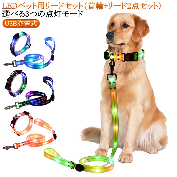 【首輪＋リードセット】 お散歩ライト おしゃれ 首輪 犬用品 犬用 セット LEDライト 光る首輪 夜間 散歩グッズ ペット首輪 USB充電式 安全 リード 【首輪＋リードセット】 サイズ調整可能 リード長さ120cm 子犬 夜間散歩 小型犬 中型犬 大型犬 ペット用 夜光 首輪
