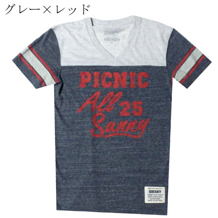 Vネックアメリカンカレッジロゴ風スタジアムバイカラー半袖Tシャツカットソー/メンズトップス/メンズtシャツ/アメリカサーフテイスト/ブランドTシャツメンズ/カッコイイかわいいメンズファッション/バイカラーT/