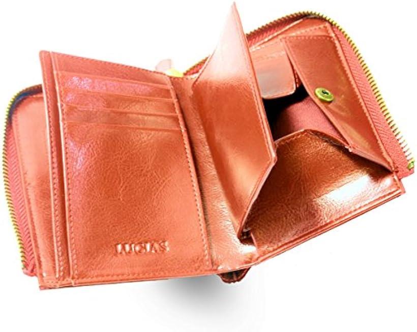 [LUCIAS] 二つ折り財布 本革 ファスナー BOX型小銭入れ 大容量 コンパクト メンズ レディース (ワインレッド)