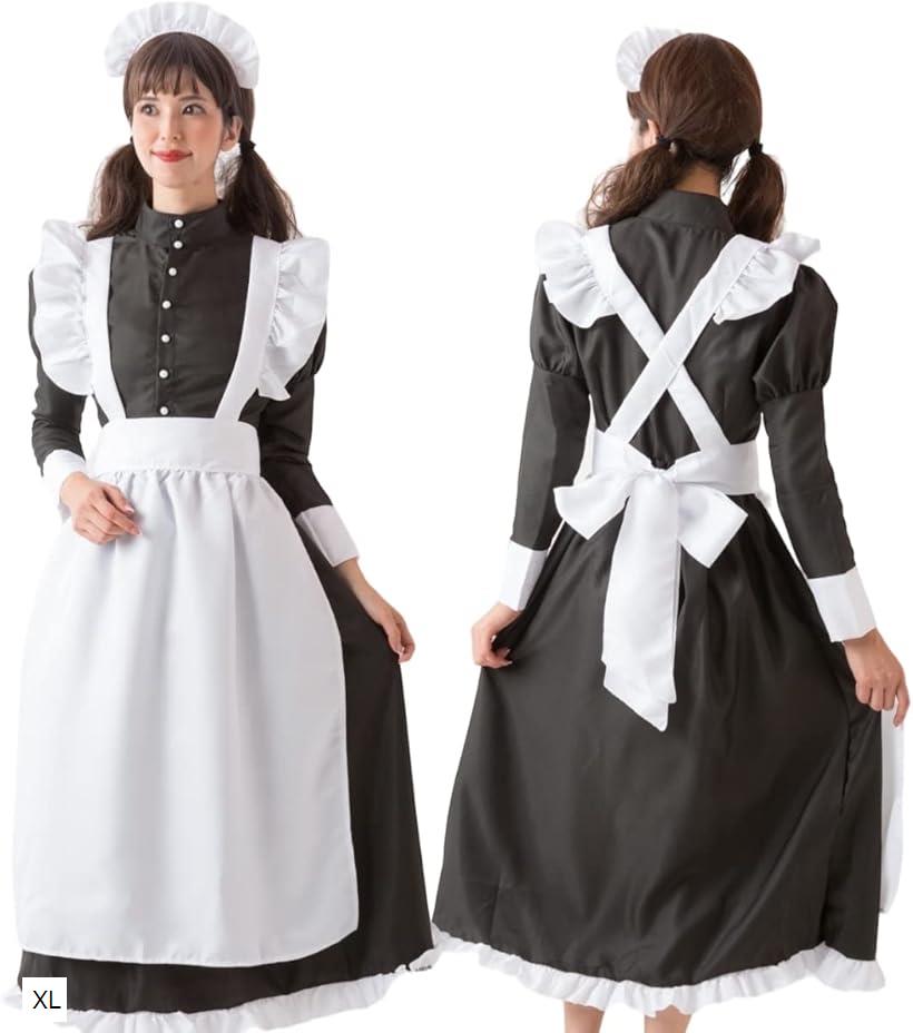 メイド服 コスプレ エプロン 英国風 上品 ロングスカート コスチューム( ブラック, XL)