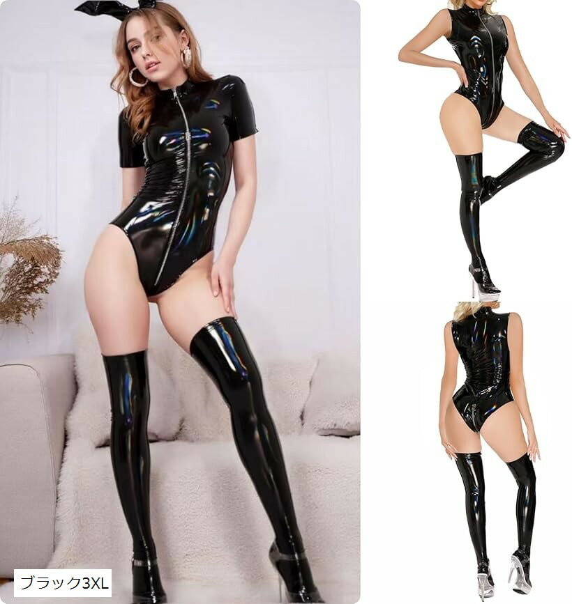 ボディースーツ タイツ コスプレ セクシー キャットスーツ 光沢 レオタード 大きいサイズ ハイレグ エナメル風 レザー風 レースクイーン コスチューム 衣装 ハロウィン 仮装 (ブラック3XL)