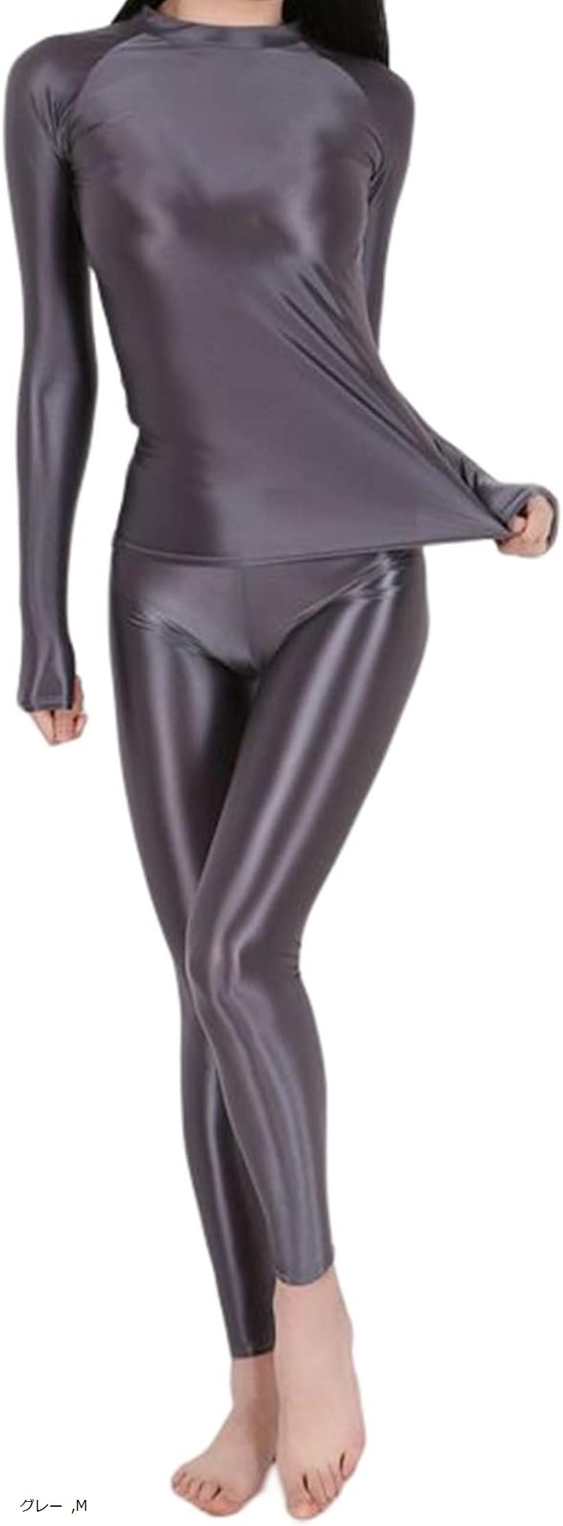 全身 光沢 コスプレ レギンス セパレート 衣装 つるつる 伸縮 セクシータイツ e675(グレー, M)