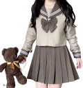 3点セット セーラー服 長袖 ブラウン 学生服 前開き プリーツスカート 制服 コスプレ リボン 韓国 XLサイズ(ブラウン コーヒー ミルクティー 茶色 モカ, XL)
