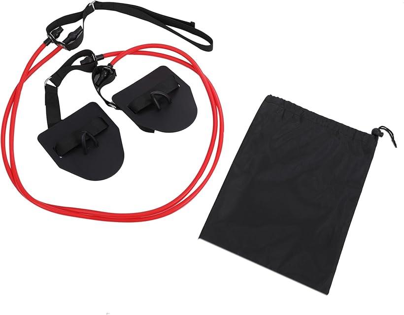 水泳用 スイミング トレーニングチューブ セット ストレッチバンド パドル ハンドル 用品 収納袋付属(レッド)