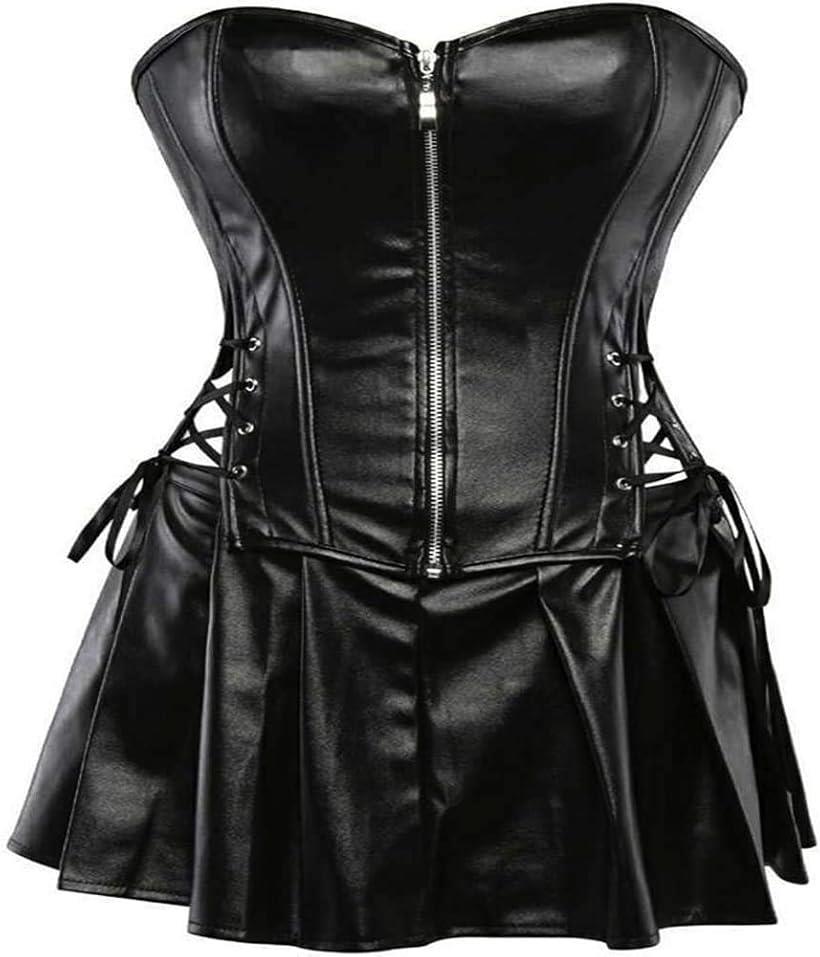 PUレザー ボンテージ ビスチェ スカートショーツ セット 5XL (ブラック, 5XL)