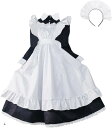 メイド服 3点セット 長袖 ロング丈 ワンピース エプロン カチューシャ ロリータ コスプレ 衣装 仮装(L)