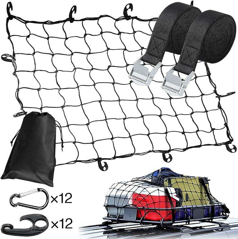 【楽天ランキング1位入賞】カーゴネット 車 荷締めベルト 付き 2.5m x 2本 フックx12 カラビナx12 収納ポーチ付属 荷物落下防止 荷崩れ防止 ルーフネット ラゲッジネット