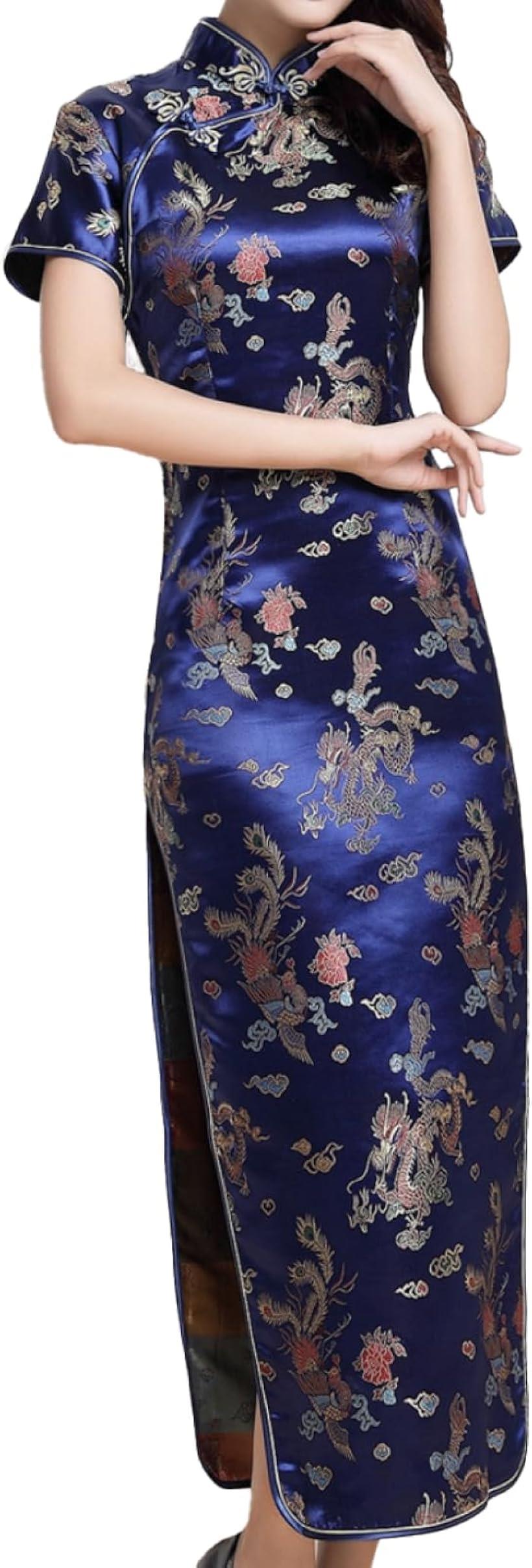 大きいサイズ チャイナドレス コスプレ ロング 女装 スリット 半袖 衣装 男性 チャイナ服 メンズ 青( ブルー, 3XL)
