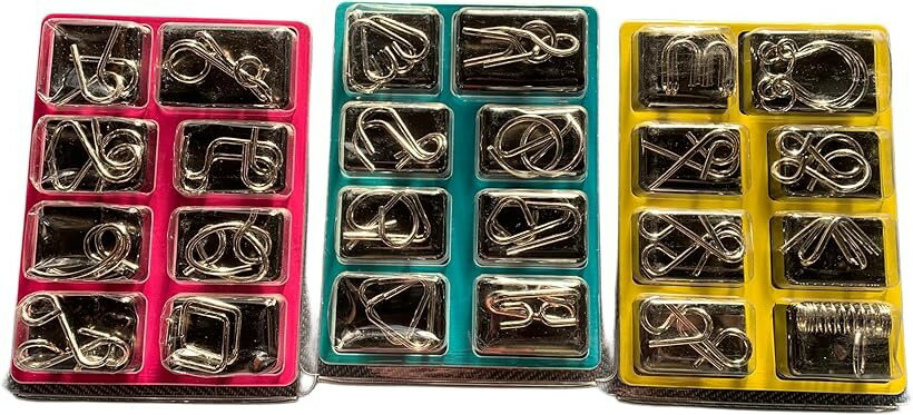 メタルワイヤーパズル 3セット 知恵の輪 脳トレゲーム カラフルケース付き 8種類パズル入り 24種類 (シルバー, 小)