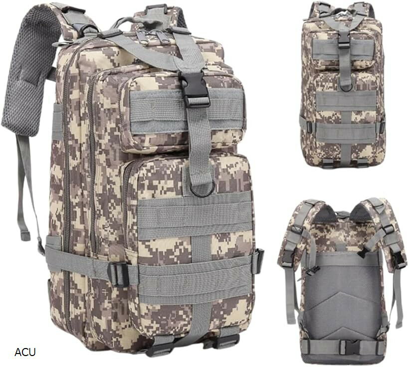 バリエーションコード : 2buc5yjiv2商品コード2buc5xu529商品名リュック バックパック 大容量 登山 アウトドア 旅行 サバイバル 防水 ミリタリーブランドHSE金丸商店カラーACUサイズ等30L大容量30L設計で多用途に活躍 本製品は30リットルの大容量サイズを誇り、アウトドアや登山、キャンプ、旅行、通勤・通学などあらゆるシーンで活躍するバックパックです。衣類や食料、工具、アウトドアギアなどを余裕をもって収納できるため、3泊程度の旅行や長時間のハイキングにも対応。内部には整理しやすい複数の仕切りやポケットを搭載しており、荷物を分けて収納できるのも大きな魅力です。日常使いから非常用バッグとしても安心のサイズ感で、多目的に使える利便性を備えています。耐久性に優れた高品質素材を採用 リュック本体は耐摩耗性と防水性に優れたオックスフォード生地を採用し、過酷な環境下でも安心して使用可能。雨天時や湿気の多い環境でも荷物をしっかり守ります。さらに、縫製部分は強化されており、重量物を入れても破れにくい構造を実現。アウトドアや軍用、災害時などハードな使用を想定した耐久性を誇ります。普段のタウンユースから本格的なアウトドアシーンまで、長期的に安心して使用できる頑丈なバックパックです。快適な背負い心地を実現する設計 背面は通気性に優れたメッシュパッド仕様で、長時間背負っても蒸れにくく快適。肩ベルトには厚手のクッションを内蔵し、肩への負担を軽減します。さらにチェストベルトとウエストベルトを搭載しており、荷物の重量を分散し安定感を確保。長距離の移動やハイキングでも疲れにくい設計となっています。日常的な使用だけでなく、長時間の行動にも対応する快適性を追求しました。多機能ポケットで抜群の収納力 リュックの外側には大小様々なポケットを配置。すぐに取り出したい小物やツール、ボトルや地図、モバイル機器などを整理して収納できます。内部の大容量スペースと合わせて、機能的に荷物を分けられるため利便性抜群。旅行では衣類や小物を整理して収納でき、登山やキャンプではギアや補給品を素早く取り出せます。多機能ポケット構造により、収納性と機能性を両立しています。MOLLEシステム対応で拡張性抜群 本体にはMOLLE（モール）システム対応のウェビングが装備されており、ポーチやアクセサリーを追加装着可能。ミリタリースタイルならではの拡張性で、自分好みにカスタマイズできます。例えば、ツールポーチ、ファーストエイドキット、追加ボトルホルダーなどを取り付けることで、より多用途で機能的なバックパックに進化。アウトドアやタクティカル用途に最適な拡張性を実現しています。防水加工で悪天候でも安心 素材には防水加工が施されており、急な雨や雪にも対応。内部の荷物をしっかり保護し、衣類や電子機器が濡れるのを防ぎます。キャンプや登山など天候が変わりやすいシーンでも安心して使用可能。さらに防汚性にも優れているため、泥汚れやホコリが付着しても簡単に拭き取れます。アウトドアシーンや非常用バッグとしても最適な仕様となっています。アウトドアや日常に最適なデザイン シンプルかつタクティカルなデザインで、アウトドア・登山・キャンプ・釣りはもちろん、タウンユースや通勤・通学にも活用可能。ミリタリースタイルのデザイン性は、ファッション性も高く、カジュアルスタイルとの相性も抜群です。性別を問わず使用できるユニセックス仕様で、幅広いユーザーに支持されるデザインとなっています。長期間の使用に耐える強化構造 ショルダーベルトやハンドル部分は補強されており、重たい荷物を入れても破れにくい設計。ジッパー部分も頑丈なダブルファスナーを採用しており、開閉がスムーズで長寿命。アウトドアや旅行などで頻繁に使う方にもおすすめです。強度と耐久性を兼ね備え、長期間安心して使える設計となっています。持ち運び便利な多様なスタイル リュックとして背負うだけでなく、上部のハンドルを使って手持ちバッグとしても利用可能。状況に応じて持ち方を変えられるので便利です。特に電車やバス移動など混雑時には手持ちに切り替えられ、柔軟に対応できます。利便性の高い2WAYスタイルで、日常から旅行、アウトドアまで幅広く対応可能です。豊富なカラー展開で選べる楽しさ 本商品はブラック・カーキ・迷彩など複数のカラーバリエーションをご用意。ミリタリースタイルらしい無骨なデザインから、カジュアルに使いやすい色味まで揃っており、使用シーンや好みに合わせて選べます。男女問わず使用できるため、カップルや家族で色違いで揃えるのもおすすめです。※ 他ネットショップでも併売しているため、ご注文後に在庫切れとなる場合があります。予めご了承ください。※ 品薄または希少等の理由により、参考価格よりも高い価格で販売されている場合があります。ご注文の際には必ず販売価格をご確認ください。※ 沖縄県、離島または一部地域の場合、別途送料の負担をお願いする場合があります。予めご了承ください。※ お使いのモニタにより写真の色が実際の商品の色と異なる場合や、イメージに差異が生じることがあります。予めご了承ください。※ 商品の詳細（カラー・数量・サイズ 等）については、ページ内の商品説明をご確認のうえ、ご注文ください。※ モバイル版・スマホ版ページでは、お使いの端末によっては一部の情報が表示されないことがあります。すべての記載情報をご確認するには、PC版ページをご覧ください。本製品は、大容量30Lの収納力を備えたミリタリースタイルのバックパックです。アウトドアや登山、キャンプ、旅行、通勤・通学など幅広いシーンに対応できる設計で、3泊程度の旅行や長時間のハイキングにも最適です。内部には複数の仕切りやポケットが搭載されており、衣類やツール、ガジェット類を整理しながら効率的に収納できます。外側にも多機能ポケットを備えており、必要なアイテムをすぐに取り出せるのが大きな特徴です。素材には耐久性と防水性に優れたオックスフォード生地を採用し、雨や汚れに強い設計。さらに縫製部分は強化されており、重量物を収納しても破れにくいタフな構造を実現しました。悪天候や過酷な環境下でも安心して使用できるため、アウトドアや災害時の非常用バッグとしても活躍します。背負い心地にもこだわり、背面には通気性の高いメッシュパッドを採用。肩ベルトには厚みのあるクッションを搭載し、さらにチェストベルトやウエストベルトで荷重を分散させ、長時間の使用でも快適さを保ちます。長距離移動や重たい荷物を運ぶ際にも疲れにくく、ユーザーの負担を軽減する設計です。また、本製品はMOLLEシステムに対応しており、ポーチやアクセサリーを自由に拡張可能。カスタマイズ性に優れており、自分だけのオリジナル仕様に仕上げることができます。例えば、追加の収納ポーチやファーストエイドキットを取り付ければ、サバイバルバッグやキャンプギアとしての利便性がさらに向上します。デザインはミリタリースタイルをベースにしながらも、シンプルで都会的な印象を持つため、アウトドアはもちろんタウンユースや日常使いにもマッチ。ブラック・カーキ・迷彩など複数のカラーバリエーションを展開しており、好みや用途に合わせて選択可能です。男女問わずユニセックスに使用でき、学生から社会人、アウトドア愛好家まで幅広い層におすすめできます。さらに、ジッパーは頑丈なダブルファスナーを採用し、スムーズな開閉と長寿命を実現。ショルダーベルトやハンドル部分も補強されているため、長期間にわたり安心して使用可能です。背負うだけでなく手持ちとしても利用できる2WAYスタイルで、電車やバスなどの公共交通機関でも快適に持ち運びできます。この30Lミリタリーバックパックは、収納力・耐久性・快適性・拡張性を兼ね備えたアイテム。アウトドア派や旅行好きな方、非常用バッグを探している方に特におすすめです。日常から非日常まで幅広いシーンに対応し、長く愛用できる頼れるバックパックとなるでしょう。