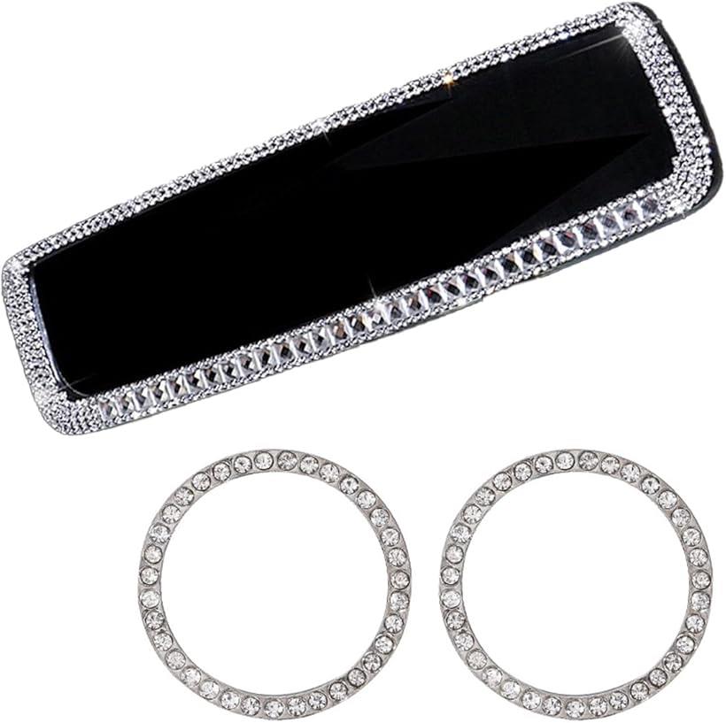 互換品 車用ルームミラー+エンジンスタートボタンリング 2個 シルバー アクセサリー