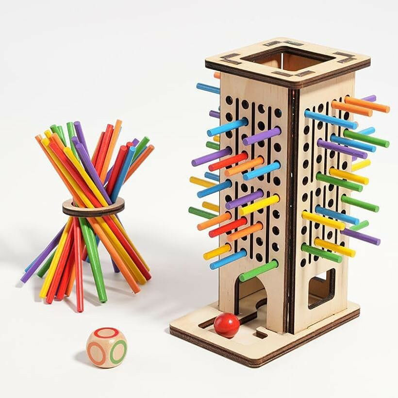木製タワーバランスゲーム カラフルなスティック付き サイコロ＆ボール含む 知育玩具 (ナチュラルウッド・マルチカラー, タワー高さ約30.0センチメートル、ベース約12.0センチメートルx12.0センチメートル)