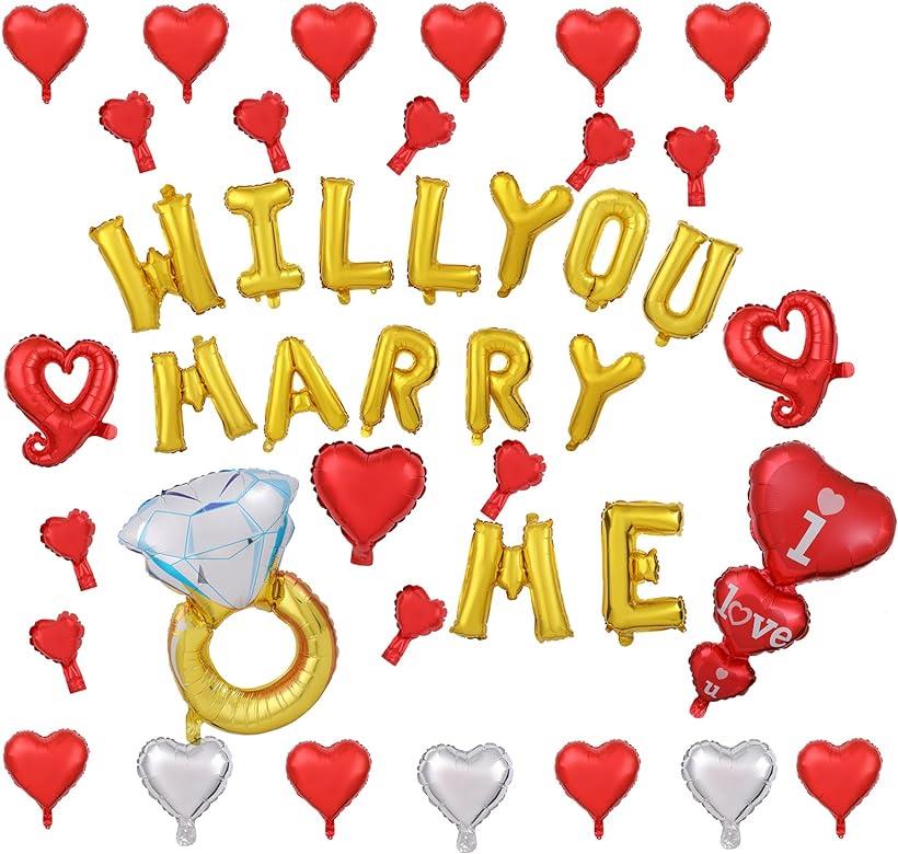 プロポーズ バルーン セット WILL YOU MARRY ME アルファベット ハート形 ダイヤ 指輪 風船 アルミ 飾りつけ お片付けも簡単