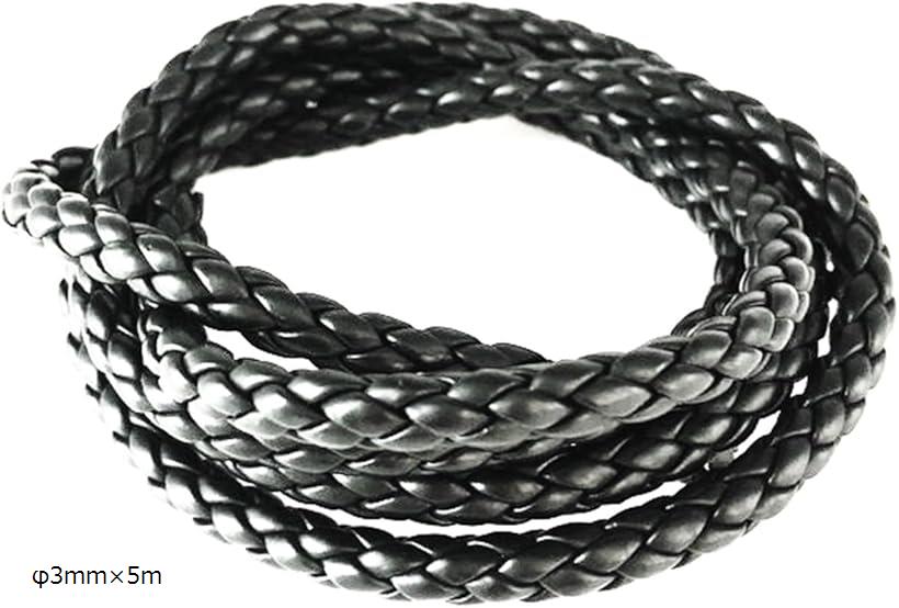 レザー 3mm 5m 黒 ハンドメイド 手芸 パーツ アクセサリー 組紐 ビーズ ブレスレット (φ3mmx5m, φ3mmx5m)