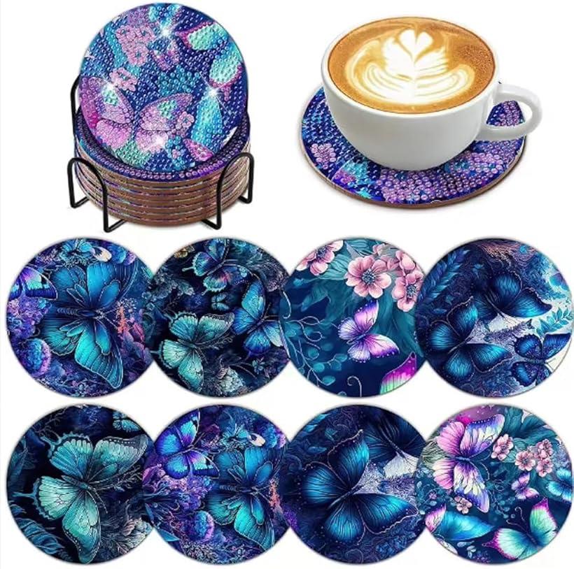 Astartia ダイヤモンドアート コースター キット DIY ダイヤモンドビーズ 5Dダイヤモンド塗装キット 蝶柄 ダイヤモンドペインティング 初心者 大人 子供用 アートクラフト用品 8枚入 (ブルーバタフライ, 直径約10cm)