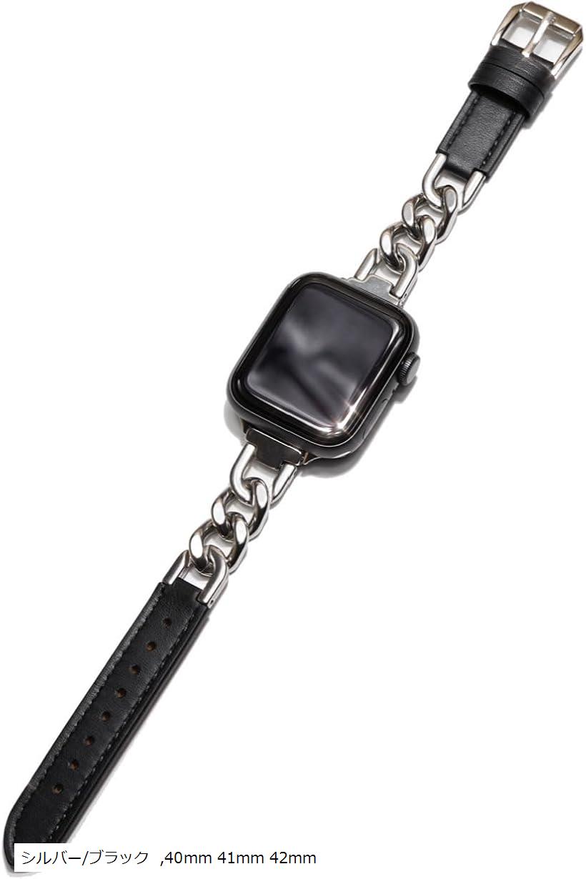 Apple watch 체인 & 가죽 벨트 40mm 41mm 42mm 세련된 애플 워치 시계 밴드 가죽 밴드/스테인리스 가죽/실버 블랙 10 (실버/블랙, 40mm 41mm 42mm)