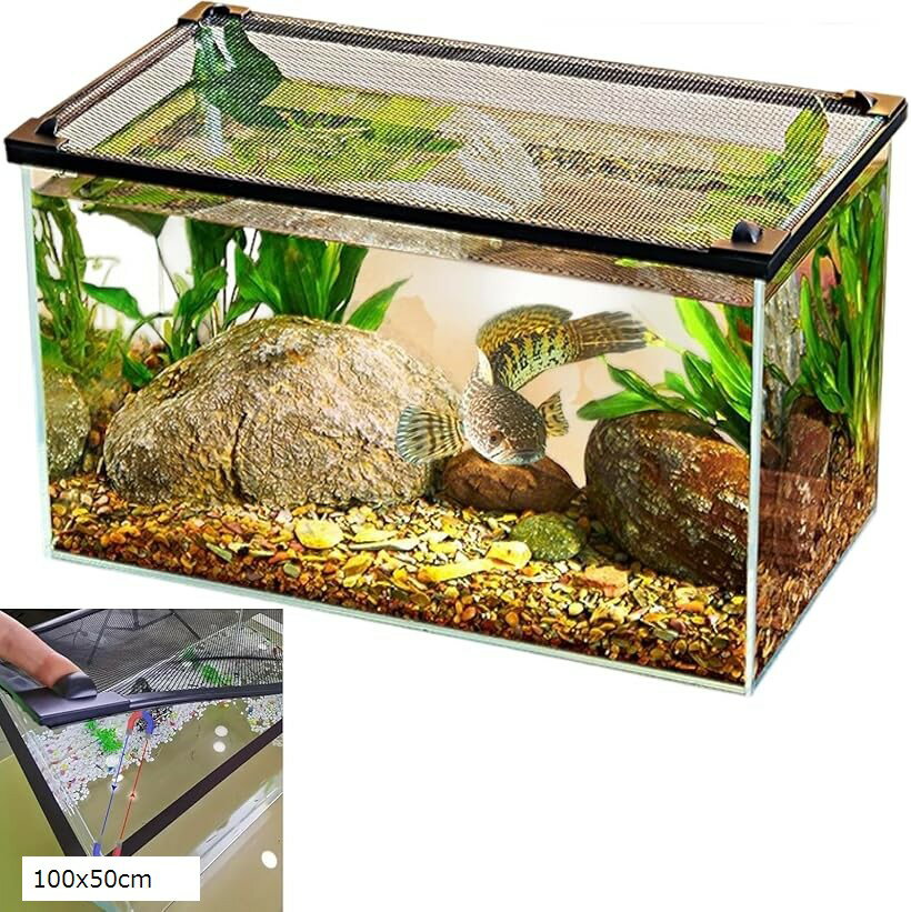 水槽カバー 脱走防止ネット メッシュ マグネット式 蓋 魚 カメ 爬虫類用 サイズ調整可能 簡単 取り付け..