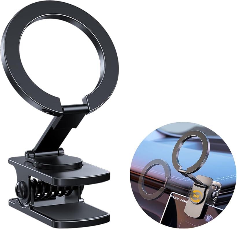 マグネットスマホホルダー クリップ式 MagSafe対応 面ファスナー付き スマホスタンド 折り畳める 車載ホルダー 三関節調整 携帯スタンド 卓上用 車載用 旅行用 携帯便利