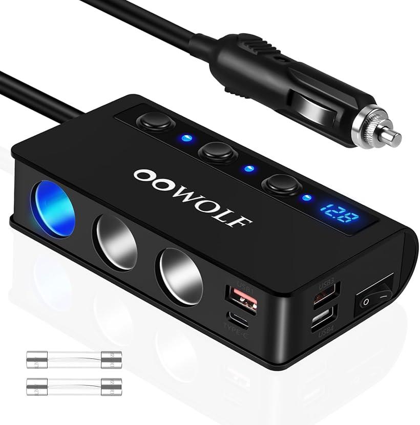 シガーソケット 3連 180W USB×4ポート 【Quick Charge3.0 PD 18W搭載】 12-24V車対応 急速充電器 増設 独立スイッチ 分配器 ブラック