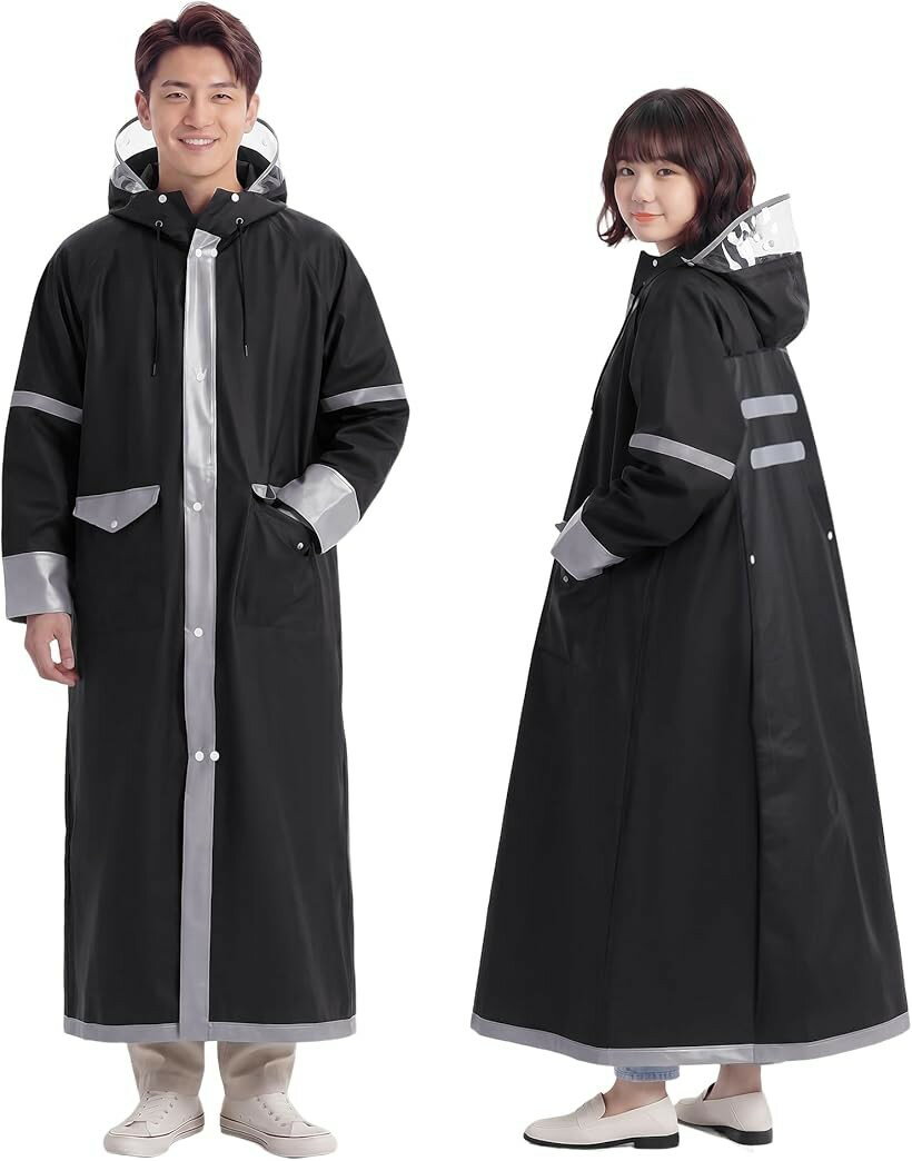 Rakuten - レッドドット受賞 JIS 級防水＆シームレスレインコート 自転車 5級撥水激雨対応。強力防水構造レインコート レディース メンズ リュック対応 超軽量 カッパ ポンチョ ポケット付き ロング丈 通勤通学 (ブラック, M)