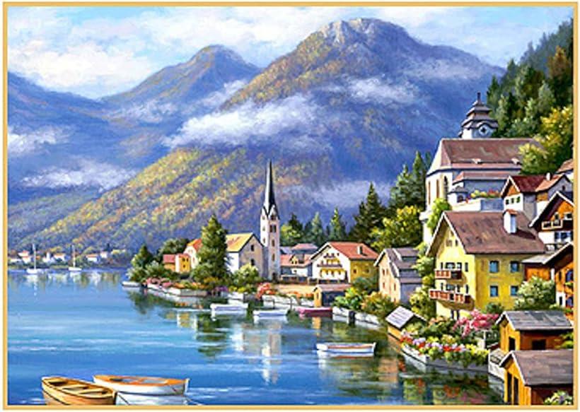 ダイヤモンドアート ビーズ絵画 刺しゅうキット モザイクアート ラウンド 絵画キット 手芸 手作り絵画 ビーズアート 30x40cm 湖畔の町 (湖畔の町)