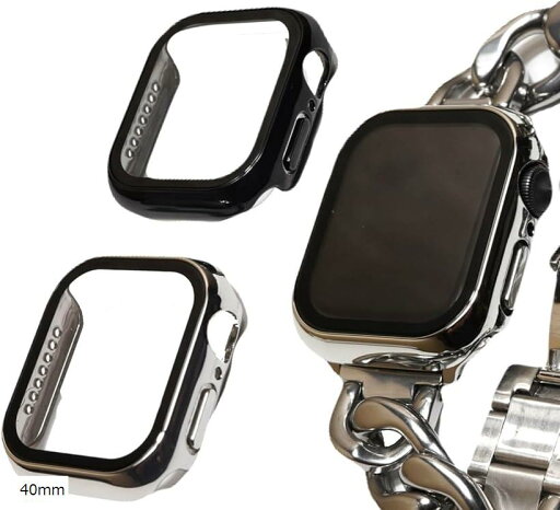 Apple Watch 用 ステンレスチェーン 対応 カバー ケース シルバー/ブラック 2個セット 保護 防水 ガラスフィルム PC素材 メタル調 光沢 頑丈 軽量 耐衝撃(シルバー&ブラック, 40mm) Apple Watch 用 ステンレスチェーン 対応 カバー ケース シルバー/ブラック 2個セット 保護 防水 ガラスフィルム PC素材 メタル調 光沢 頑丈 軽量 耐衝撃(シルバー&ブラック, 40mm)