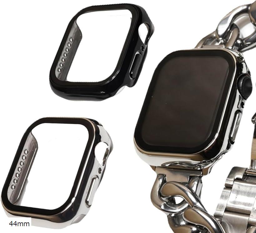 Apple Watch 用 カバー ケース シルバー/ブラック 2個セット 保護 防水 ガラスフィルム PC素材 メタル調 光沢 頑丈 軽量 耐衝撃 44mm (シルバー＆ブラック, 44mm)(2)