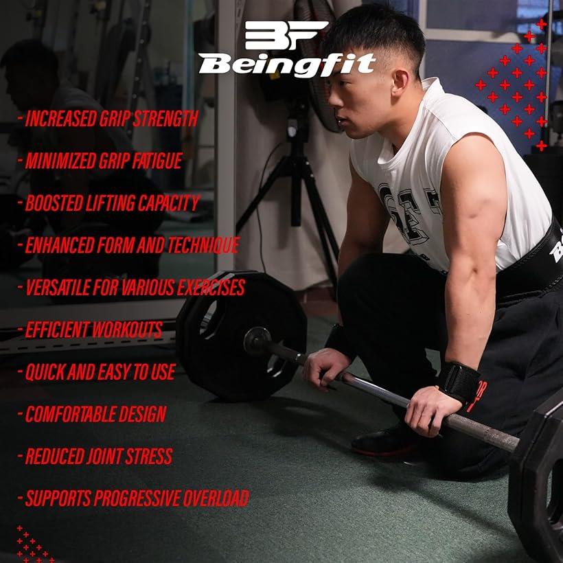 Beingfit ウエイトリフティングフック 握力サポート プロフェッショナルグリップ強化 耐久性 快適性向上 男女兼用 フィットネスアクセサリー (Black)