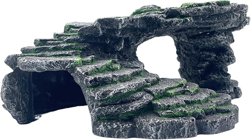 爬虫類 シェルター 亀 カメ 飼育 隠れ家 水槽 階段 オブジェ ロックシェルター (ブラック, 25cmx10cmx19cm)