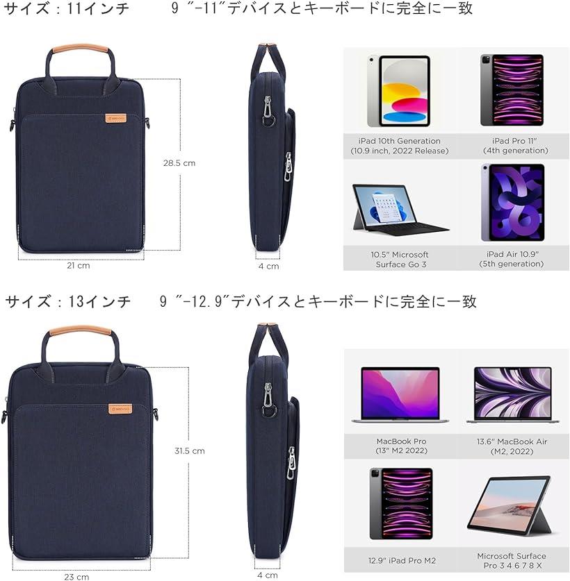 タブレット ショルダーバッグ用 縦型 ラップトップスリーブハンドバッグ用( ネイビー, 12-13インチ / MacBook Pro) 3