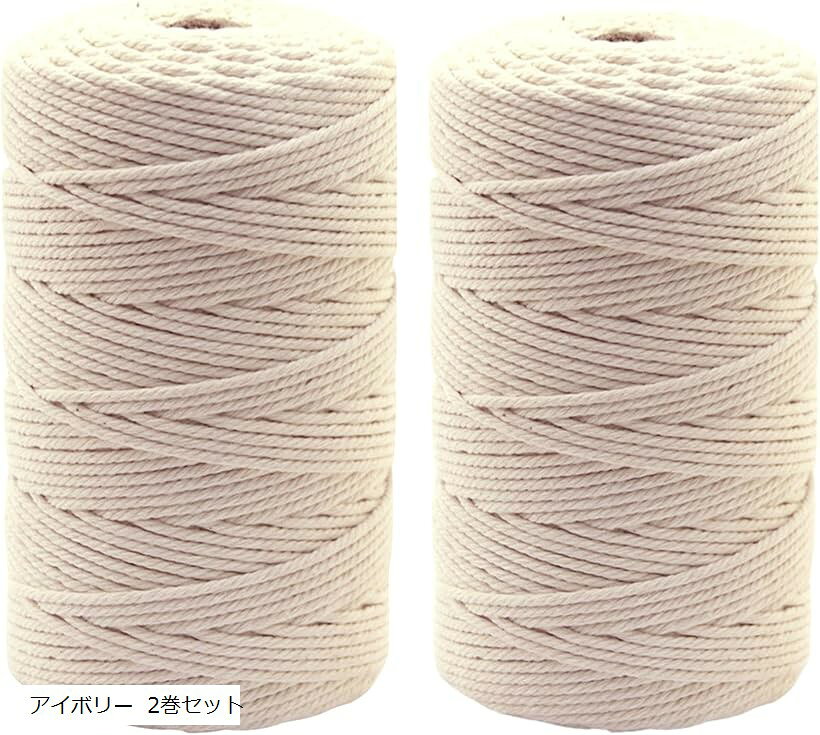 こもれび屋手芸用マクラメロープ 3mmx200m 天然コットン100% DY-12 アイボリー 2巻セット (アイボリー 2巻セット, 200m)