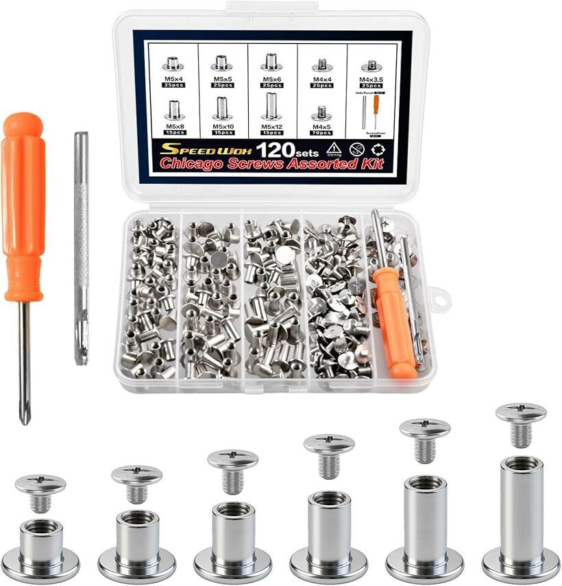 カシメセット レザークラフト リベットパーツ スタッズ 底鋲 レザー用 ビスリベット M5x4-12mm 6サイズ+M4ネジ3種 DIY 手作り ベルト 布革細工 靴 (シルバー)