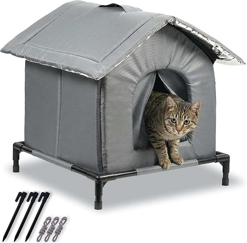 外猫ハウス 屋外用 高床 撥水 断熱 保温 取っ手付き 組立簡単 丸洗いクッション 夏冬兼用 ひさし屋根 日陰設置推奨 保冷剤併用可 クールマット対応 ベランダ 玄関 庭 置き型 (Mサイズ)
