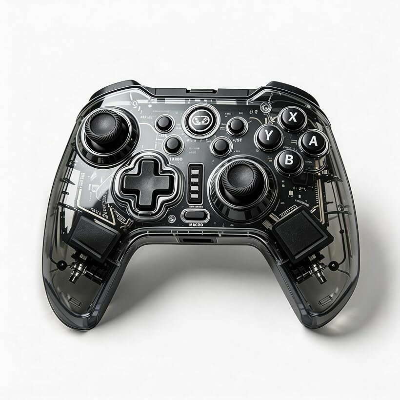 switchコントローラー 2026年モデル pcコントローラー 透明素材 大容量バッテリー TURBO自動連射機能 マクロ機能 背面ボタン付き 6軸ジャイロセンサー RGBライト ホール効果スティック 3階段HD振動 (ブラック)