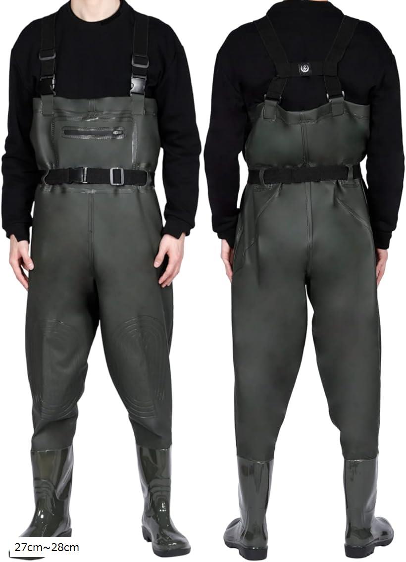 ウェーダー 釣り 胴長 長靴 ヒザ補強・簡単脱着・動きやすい ラジアルソール 防水 丈夫 チェストハイ フィッシングウェーダー 27cm～28cm(ダークグリーン, 27cm～28cm)