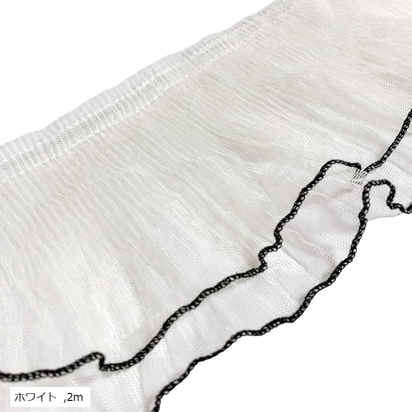 2層 フリル レース トリム 生地 選べる5色 ライン メッシュ 装飾 ドレス 縁取り ホワイト 2m (ホワイト, 2m)