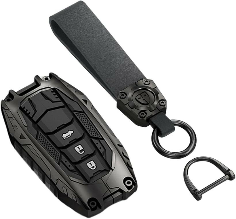 トヨタ互換 スマートキーカバー Fタイプ 亜鉛合金製ハードフレーム x 軟質シリコン 蓄光タイプ 電波スルー構造 落下防止 ストラップ付き キーケース 耐衝撃 カスタム パーツ (3ボタン， ブラック)