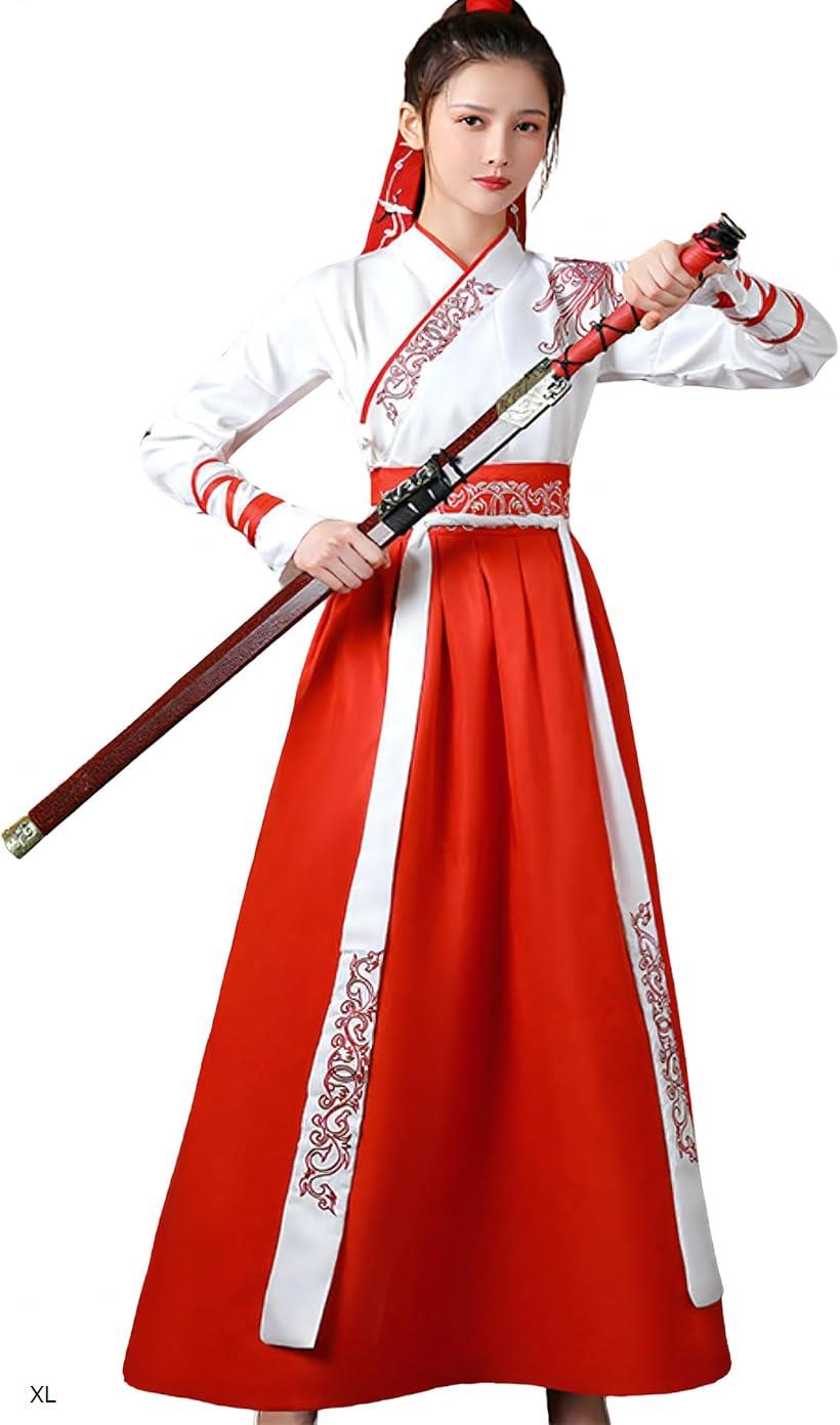 レディレイジー ユニセックス 漢服 セット ロング 袴 着物 和服 レディース メンズ コスプレ 民族衣装 白 赤 XL (レッド, XL)