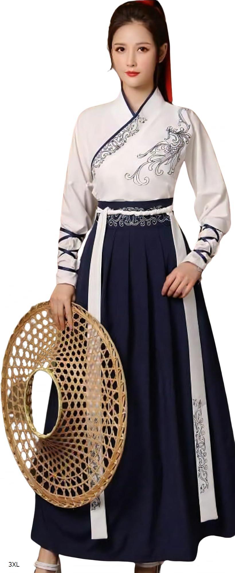 レディレイジー ユニセックス 漢服 セット 和服 袴 着物 ロング 大正ロマン 民族衣装 ネイビー 白 紺 3XL (ネイビー, 3XL)