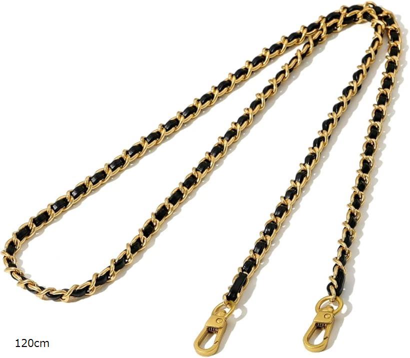 チェーンストラップ バッグ用 ブラックPUレザー ゴールド ショルダーストラップ インターレースチェーン 肩掛け 斜め掛け 交換用 単品 (120cm)