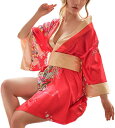 浴衣 3点セット 着物ドレス ミニ コスプレ 花魁 ナイトドレス ランジェリー 和風 衣装 赤( レッド, Free Size)